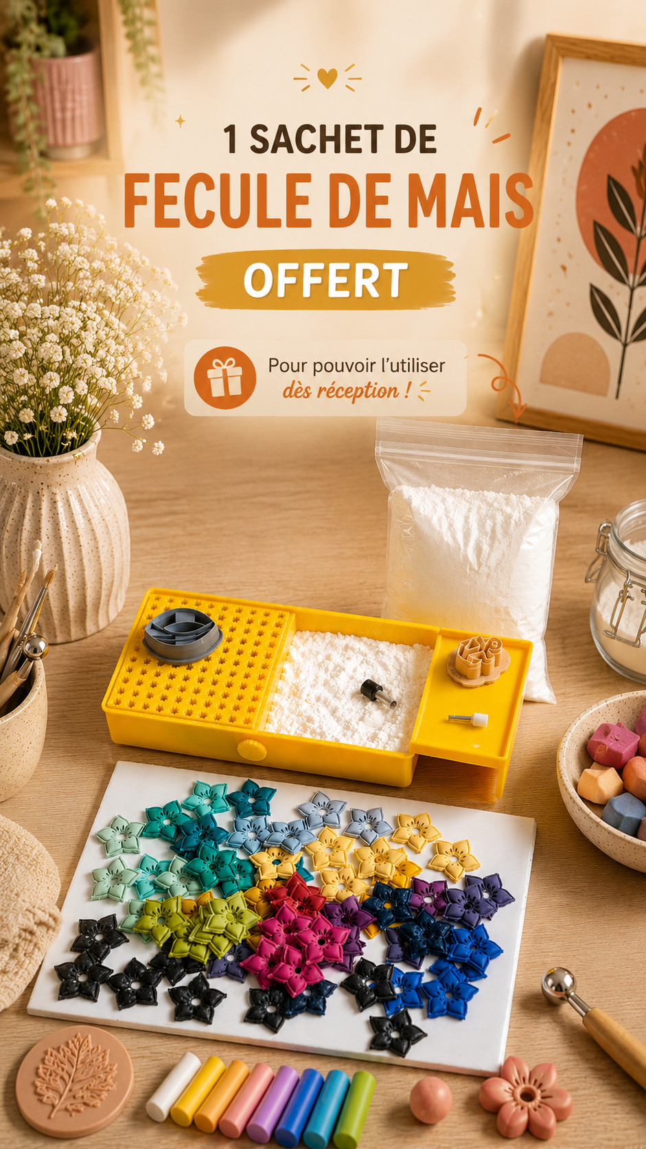 Récipient à fécule de maïs pour pâte polymère avec support à emporte-pièces